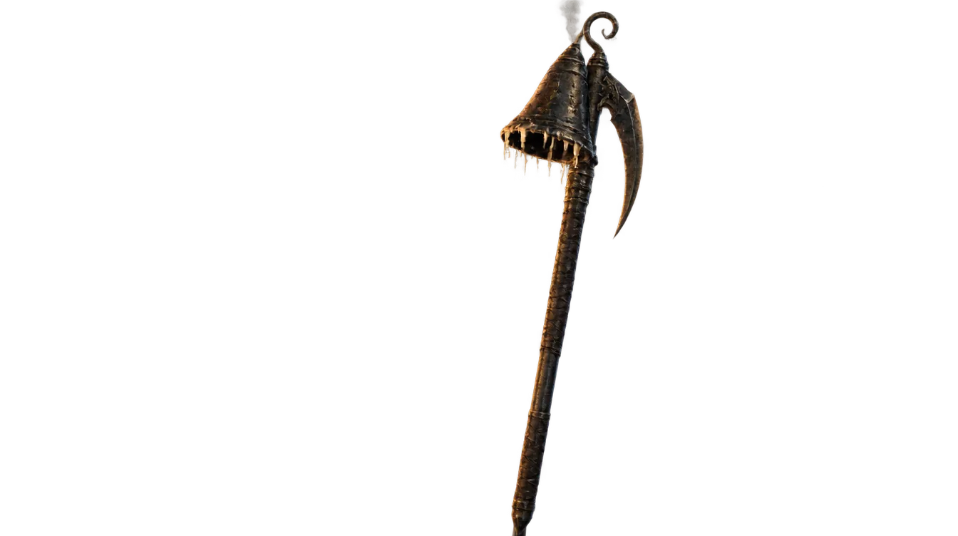 Halberd pemadam: tangkai besi panjang dengan tudung perunggu berbentuk lonceng dan bilah kait.